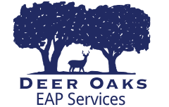 Deer Oaks EAP Services Logo - two oak trees with a deer stag standing between in a grassy meadow.